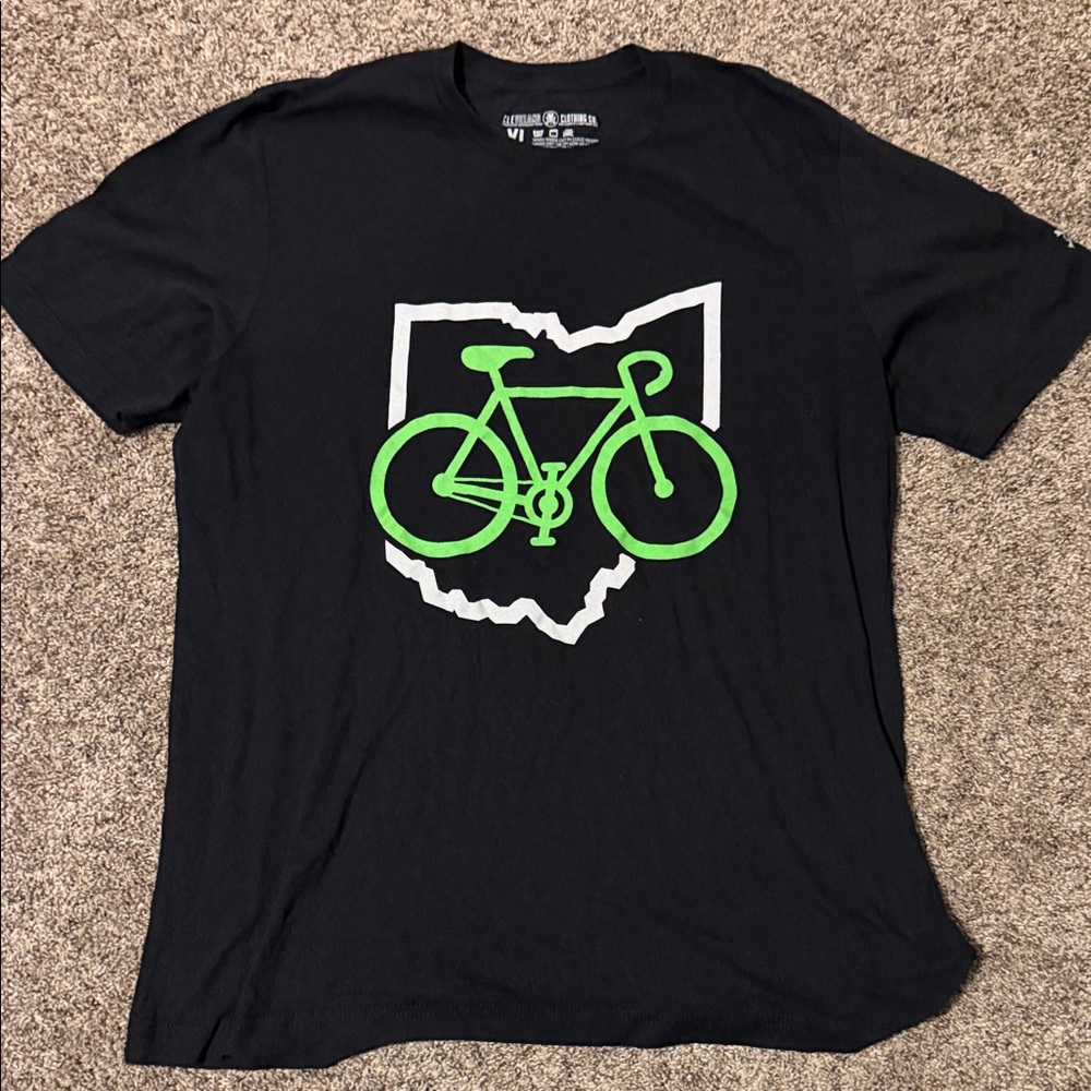 Ohio Bike Cleveland Clothing Co Black Tee with Green Bicycle and White Outline